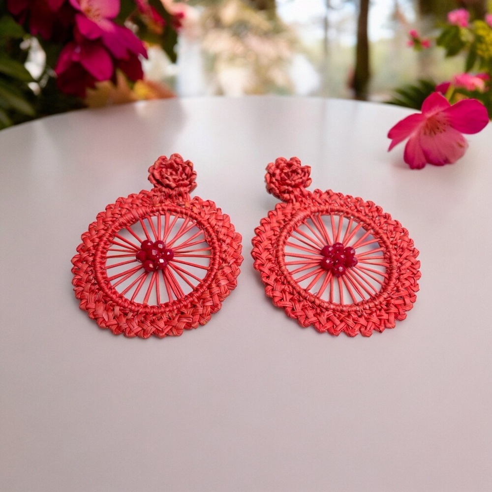 New: Boho Colombian Palm Fibre Earrings (Red)